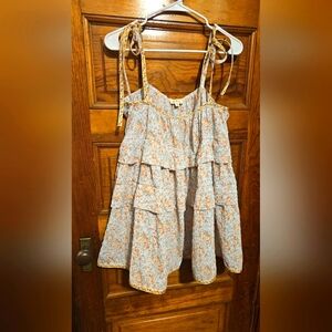 Nwt POL Floral Tunic Mini Dress with Orange, Blue and Gr Accents Tie Shoulders